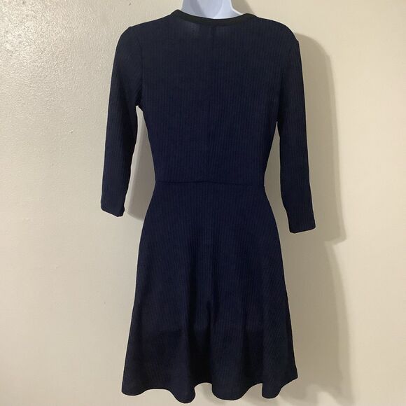 H&M Navy Blue Ribbed Tie Front Twee Preppy Academic Retro Knee Length Dress Sz 8 - Picture 5 of 8